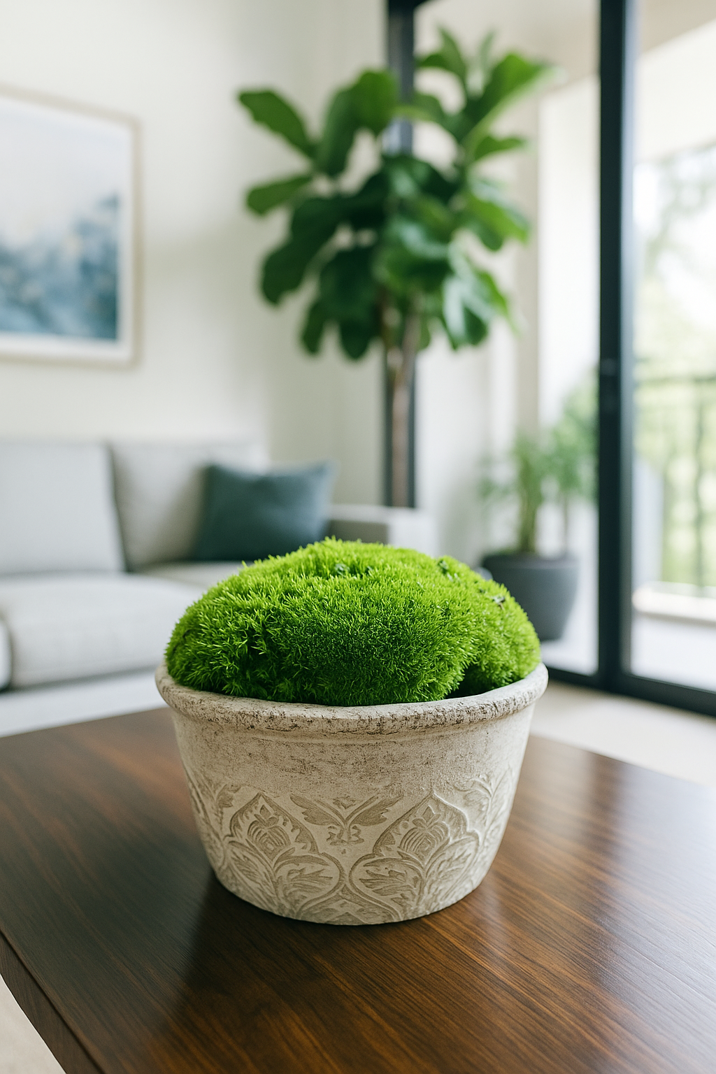 Preserved Moss In ceramic Baroque Planter Pot Light Grey