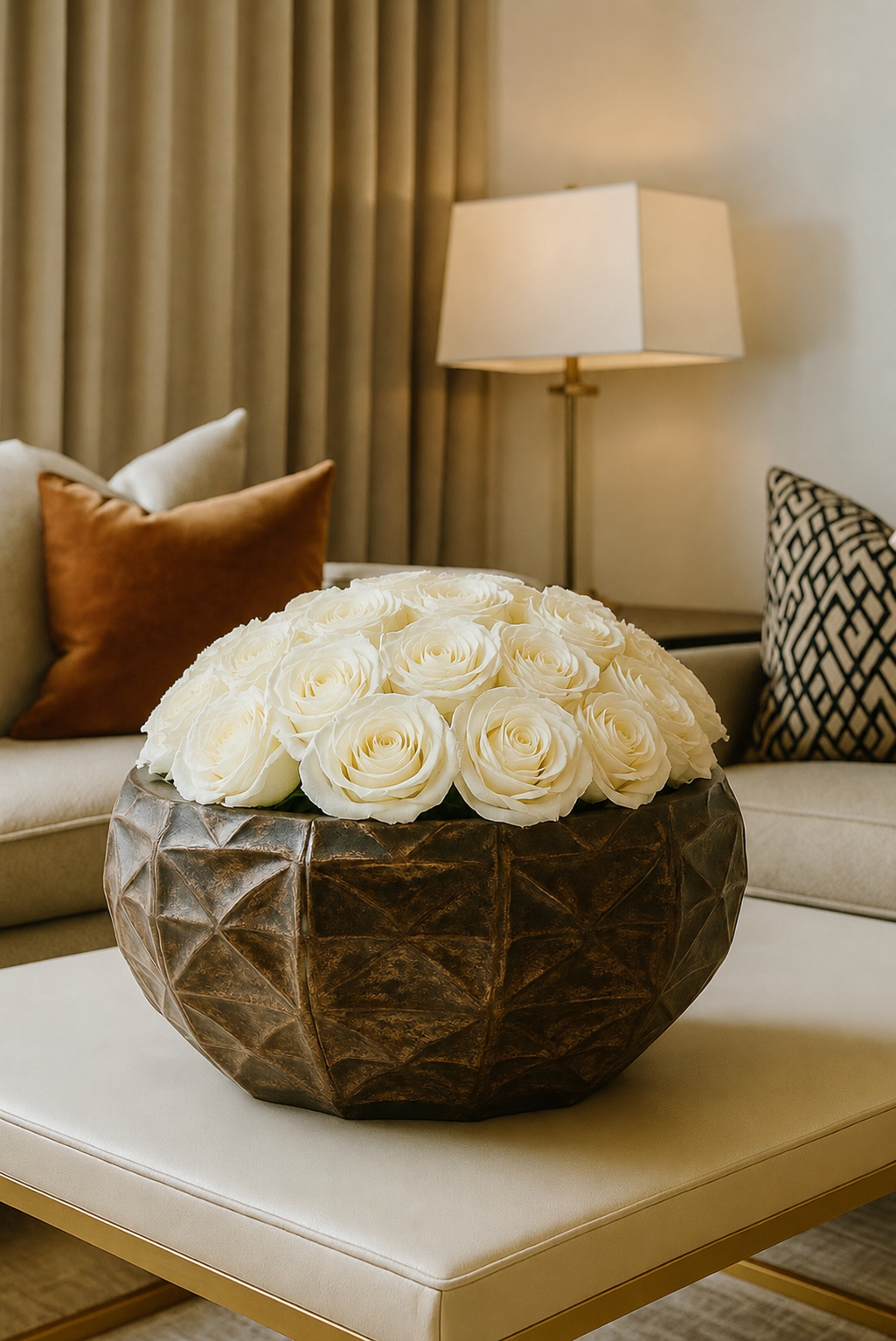 Large Preserved Natural Rose Arrangement In Metal Brocante Geo Bowl Gold/Grey Multicolour