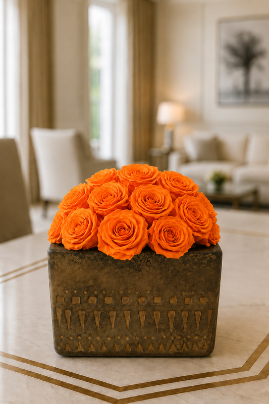 Preserved Natural Rose Arrangement In Cement Totem cube planter White/Beige/Grey Multicolour