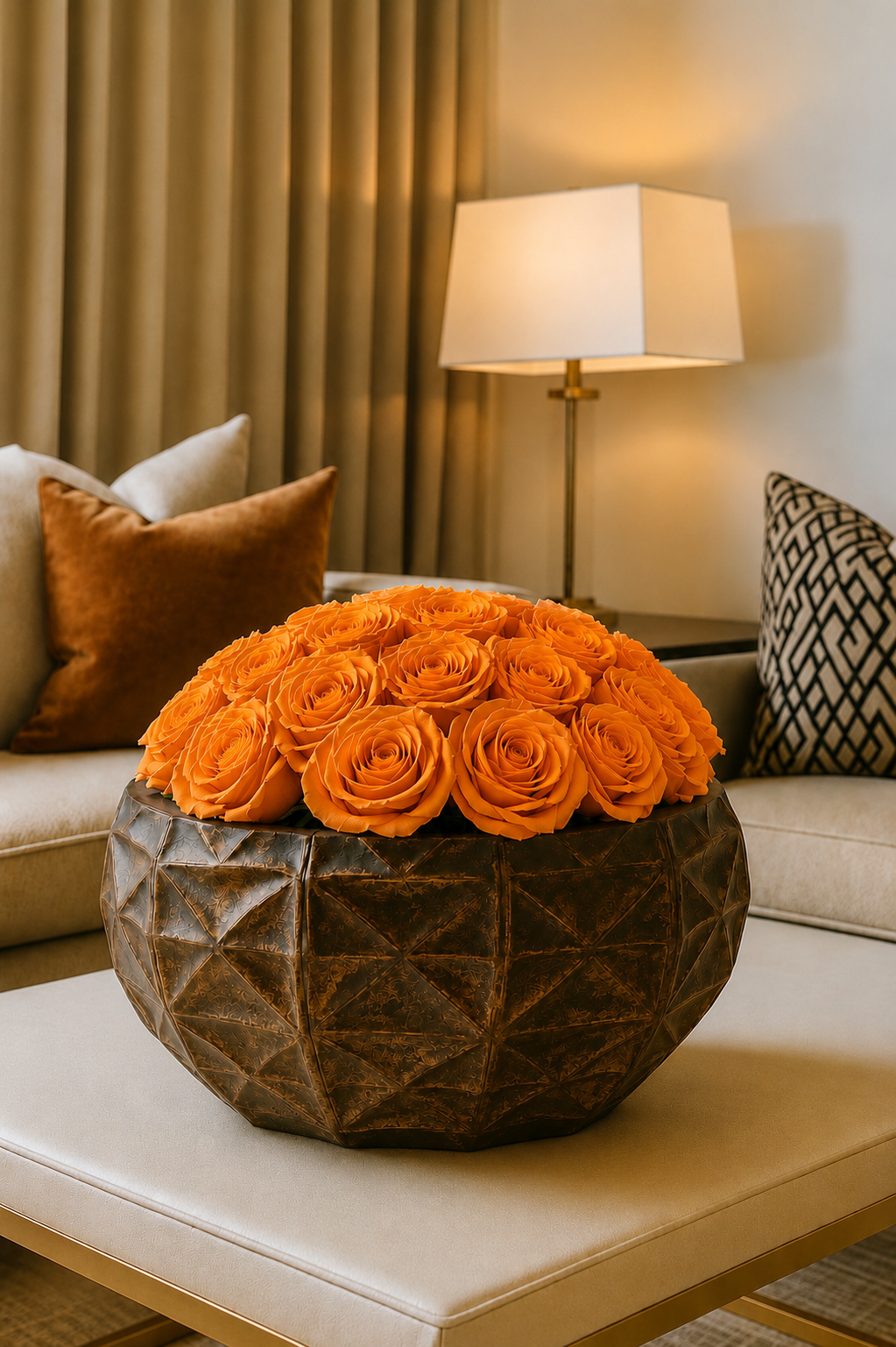 Large Preserved Natural Rose Arrangement In Metal Brocante Geo Bowl Gold/Grey Multicolour