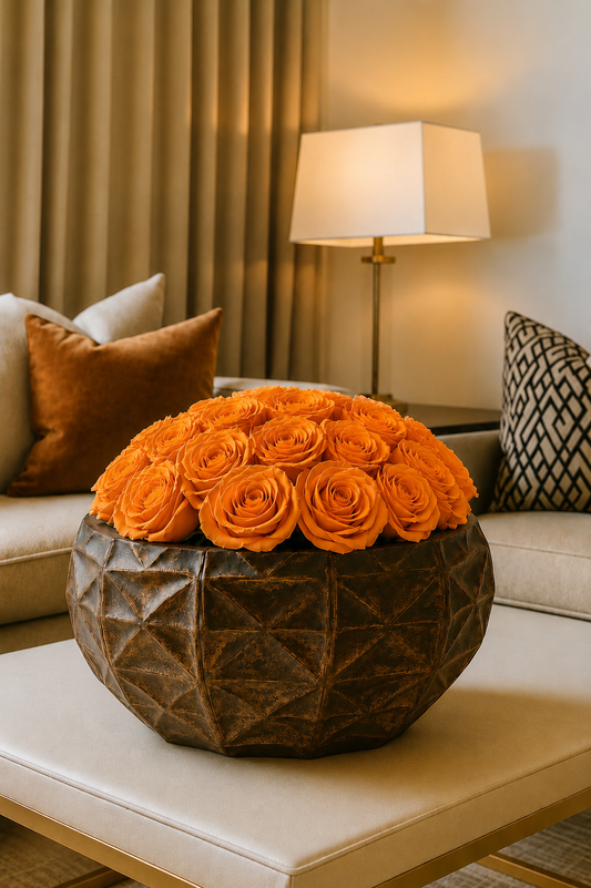 Extra Large Preserved Natural Rose Arrangement In Metal Brocante Geo Bowl Gold/Grey Multicolour