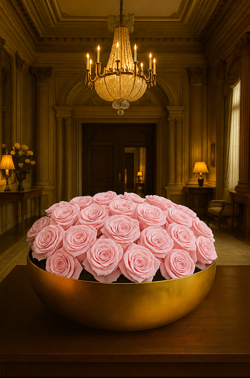 Preserved Natural Rose Arrangement In Decorative Gold Mayfair Bowl
