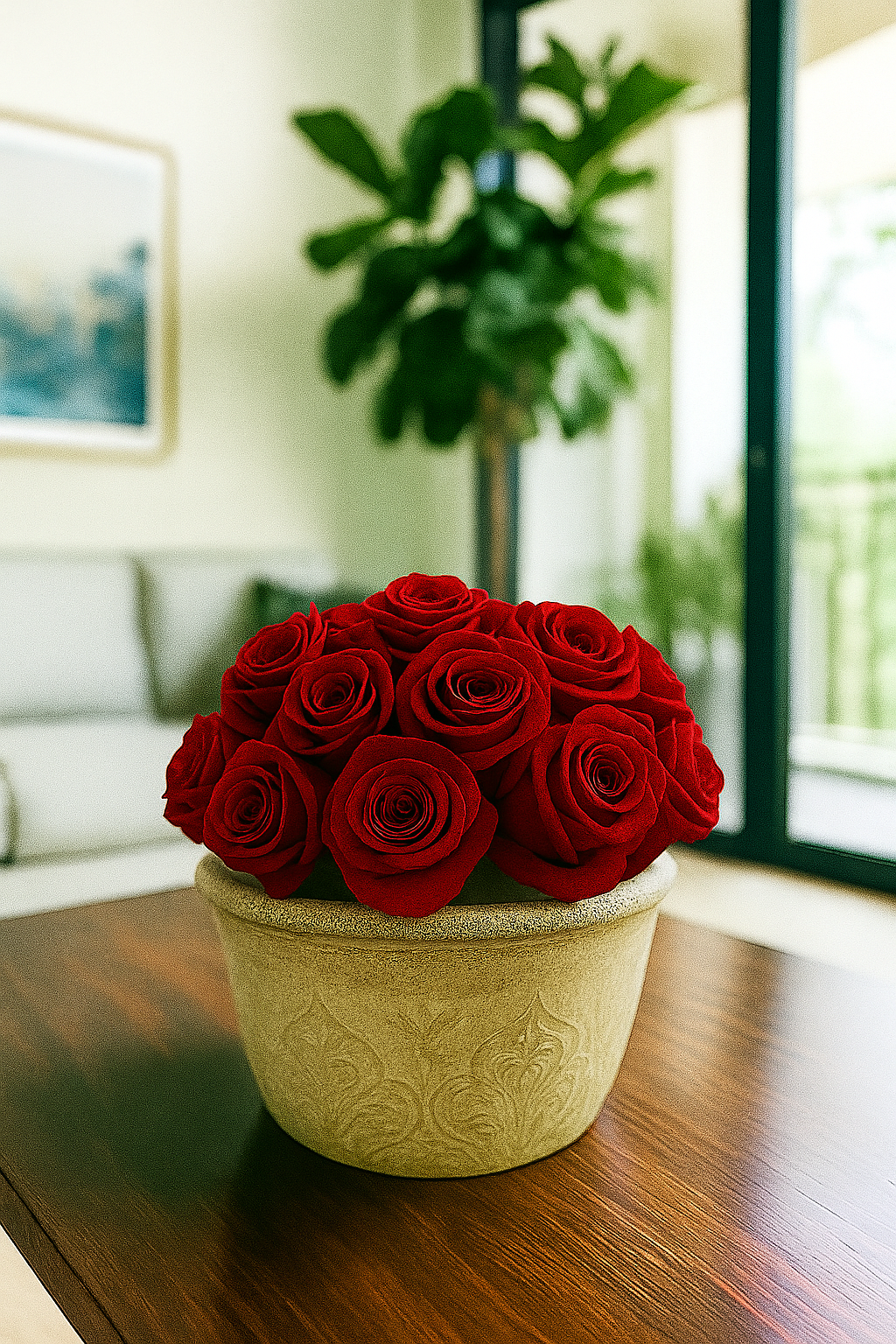 Preserved Natural Rose Arrangement In ceramic Baroque Planter Pot Light Grey