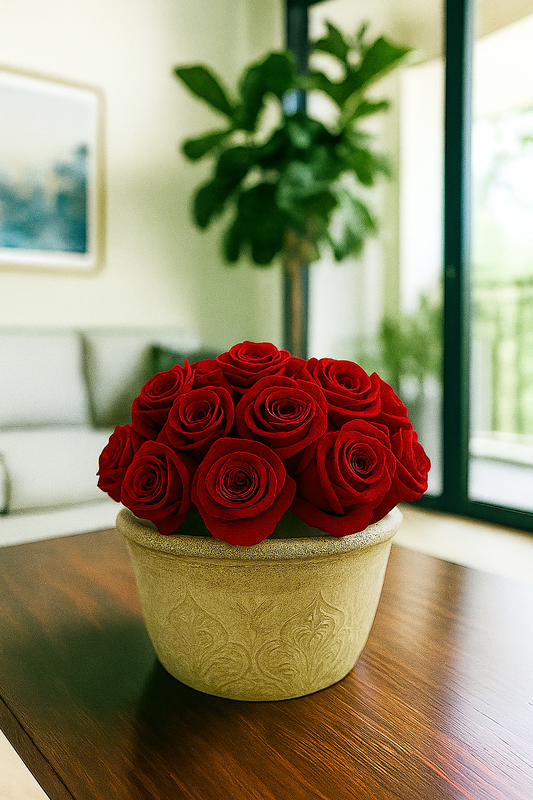 Preserved Natural Rose Arrangement In ceramic Baroque Planter Pot Light Grey