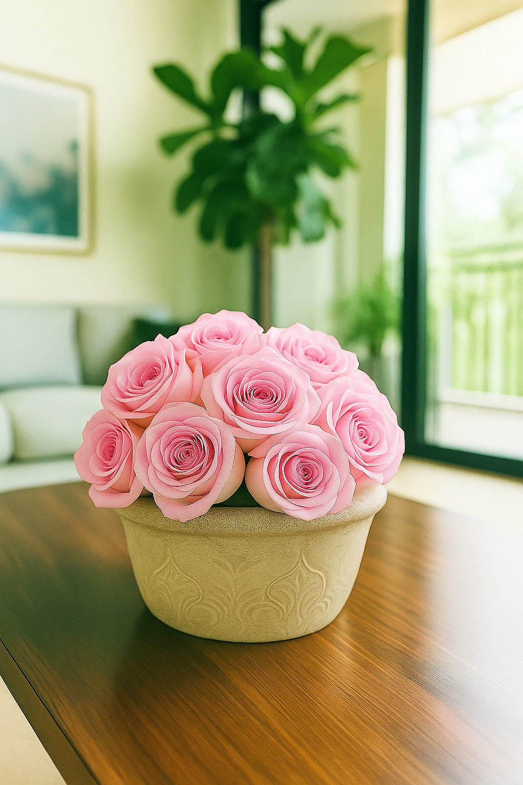 Preserved Natural Rose Arrangement In ceramic Baroque Planter Pot Light Grey