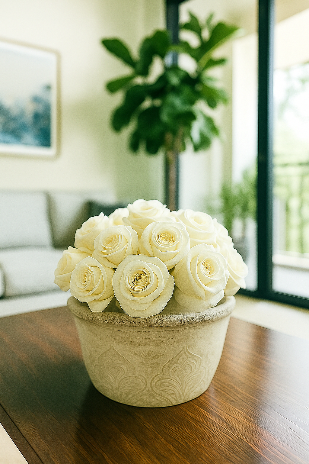 Preserved Natural Rose Arrangement In ceramic Baroque Planter Pot Light Grey