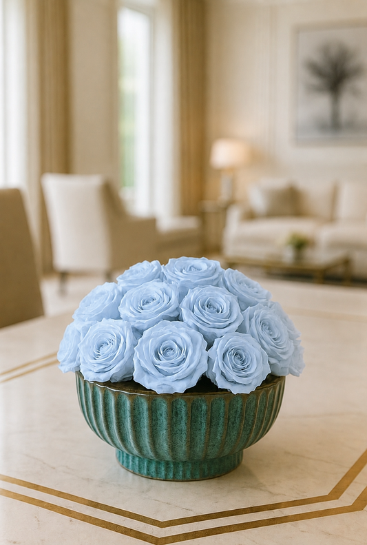 Preserved Natural Rose Arrangement In Ceramic Barcelos Pot Blue/Brown Multicolour