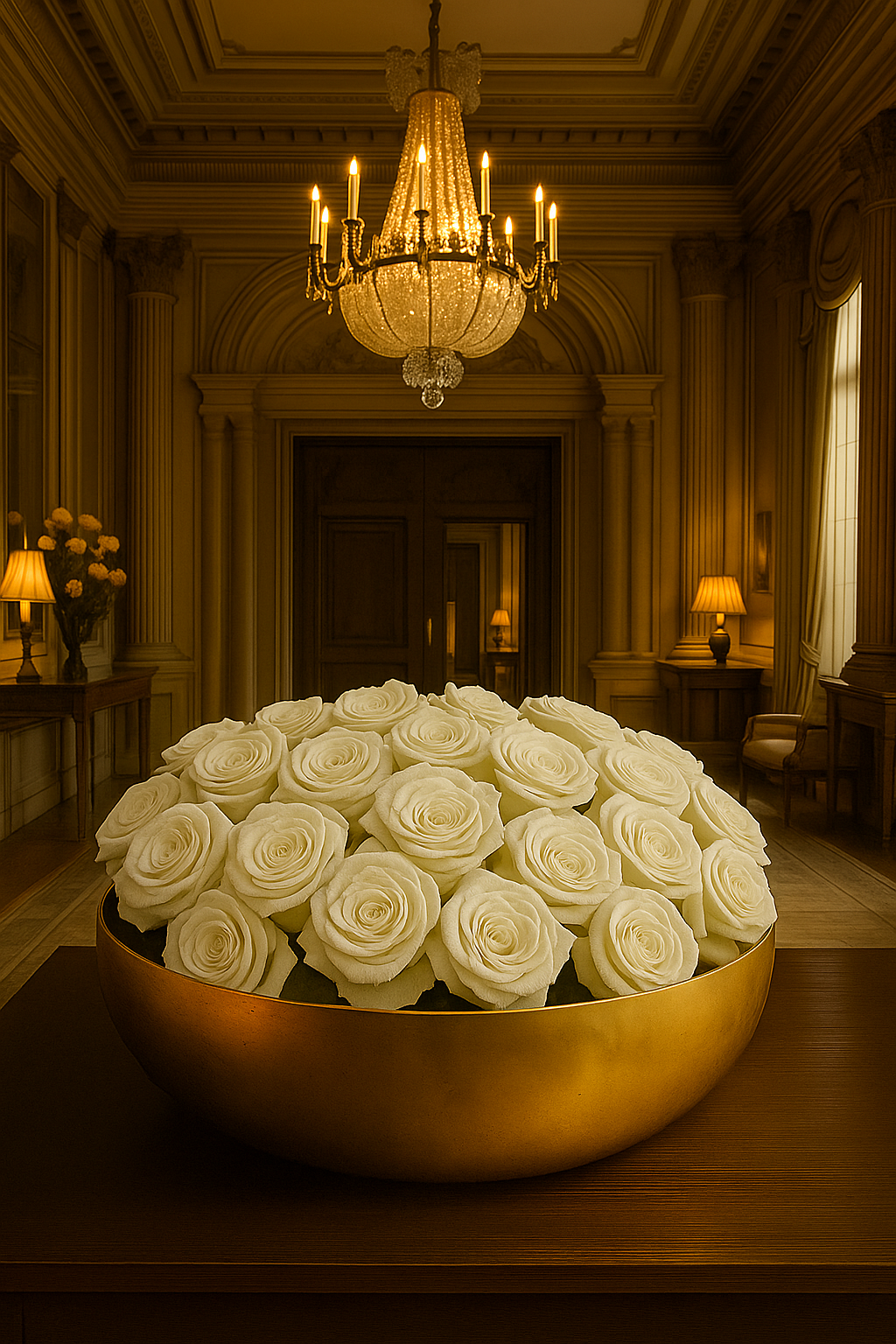 Preserved Natural Rose Arrangement In Decorative Gold Mayfair Bowl
