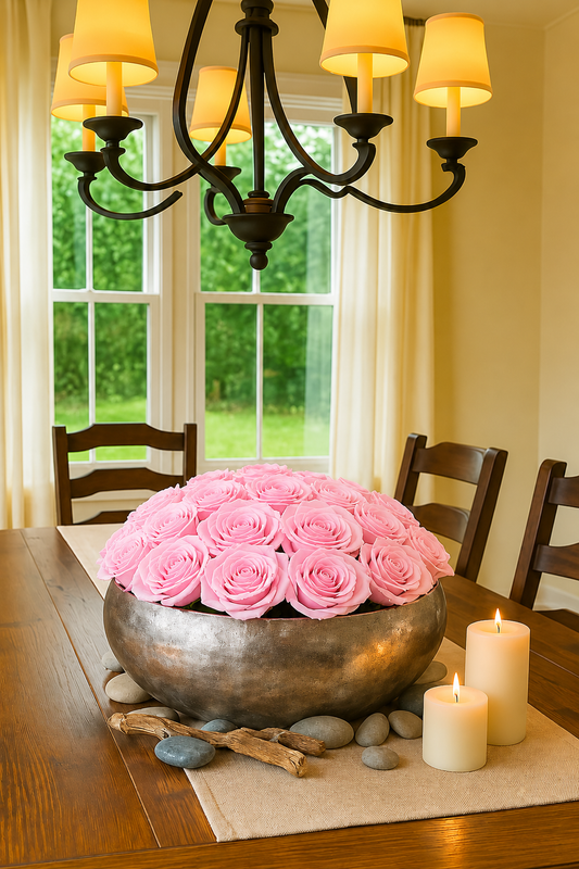 Preserved Natural Rose Arrangement In Decorative Silver Mayfair Bowl