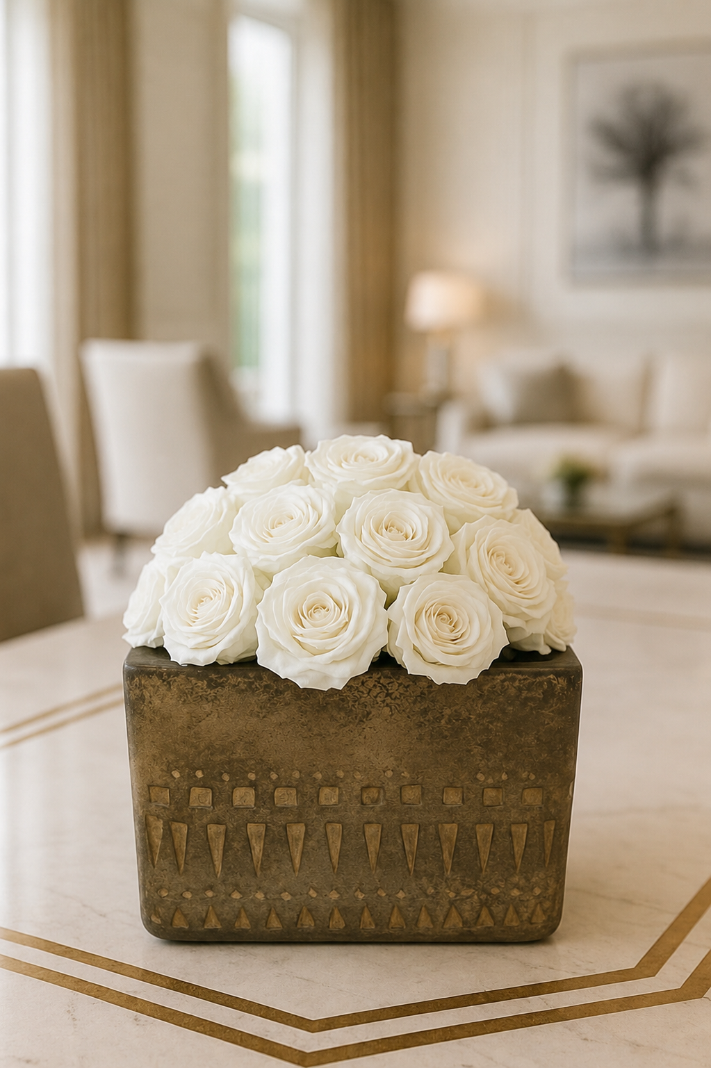 Preserved Natural Rose Arrangement In Cement Totem cube planter White/Beige/Grey Multicolour