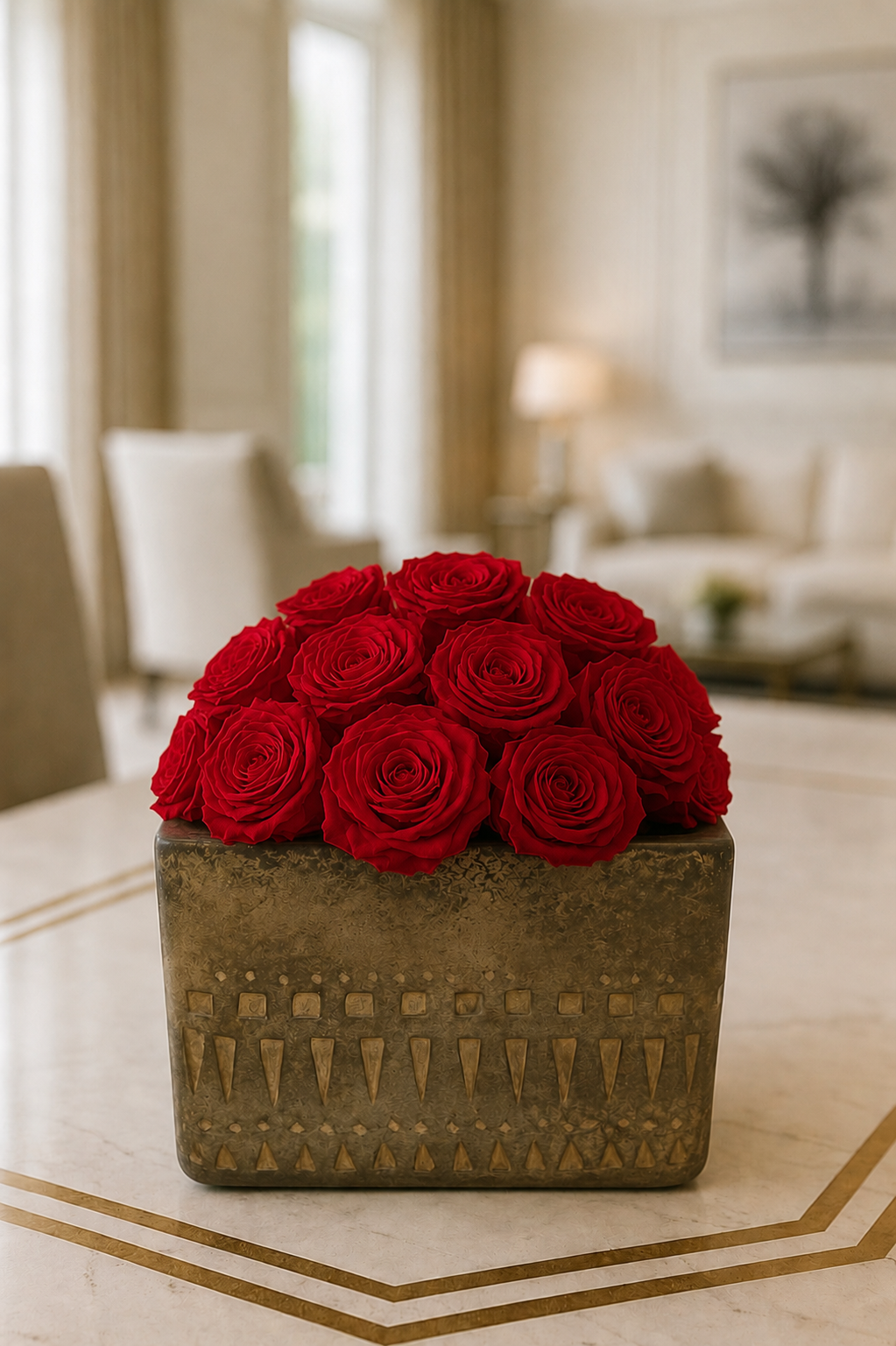 Preserved Natural Rose Arrangement In Cement Totem cube planter White/Beige/Grey Multicolour
