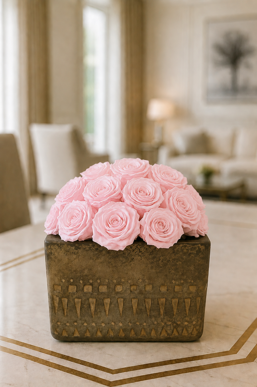 Preserved Natural Rose Arrangement In Cement Totem cube planter White/Beige/Grey Multicolour