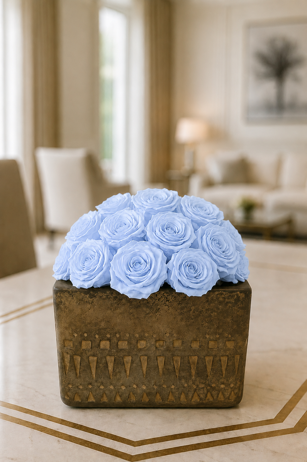 Preserved Natural Rose Arrangement In Cement Totem cube planter White/Beige/Grey Multicolour