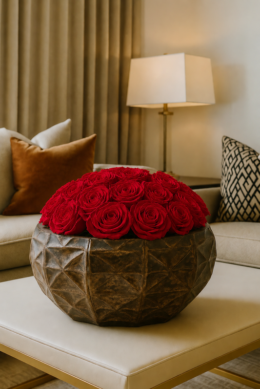 Large Preserved Natural Rose Arrangement In Metal Brocante Geo Bowl Gold/Grey Multicolour