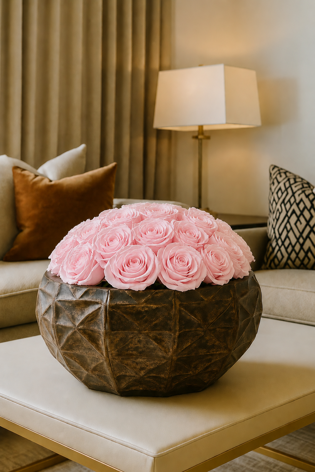 Large Preserved Natural Rose Arrangement In Metal Brocante Geo Bowl Gold/Grey Multicolour