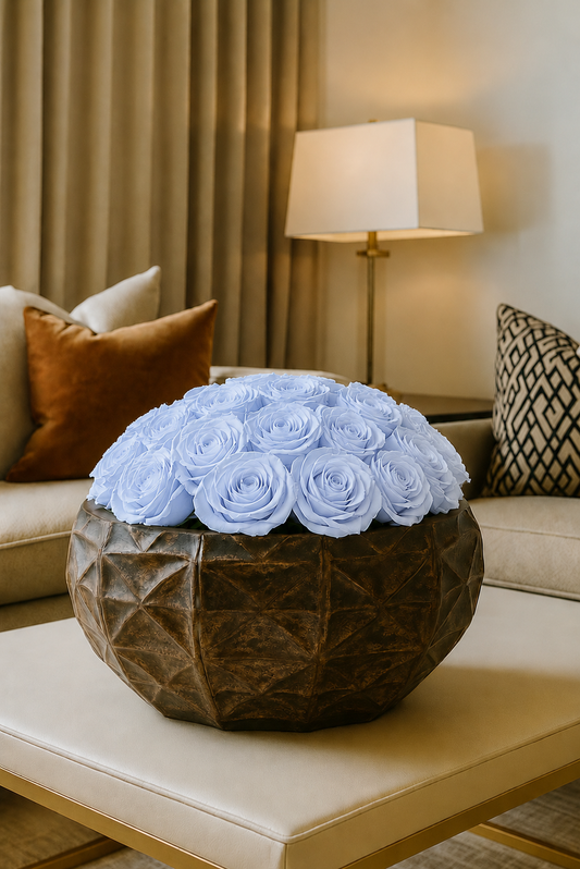 Extra Large Preserved Natural Rose Arrangement In Metal Brocante Geo Bowl Gold/Grey Multicolour