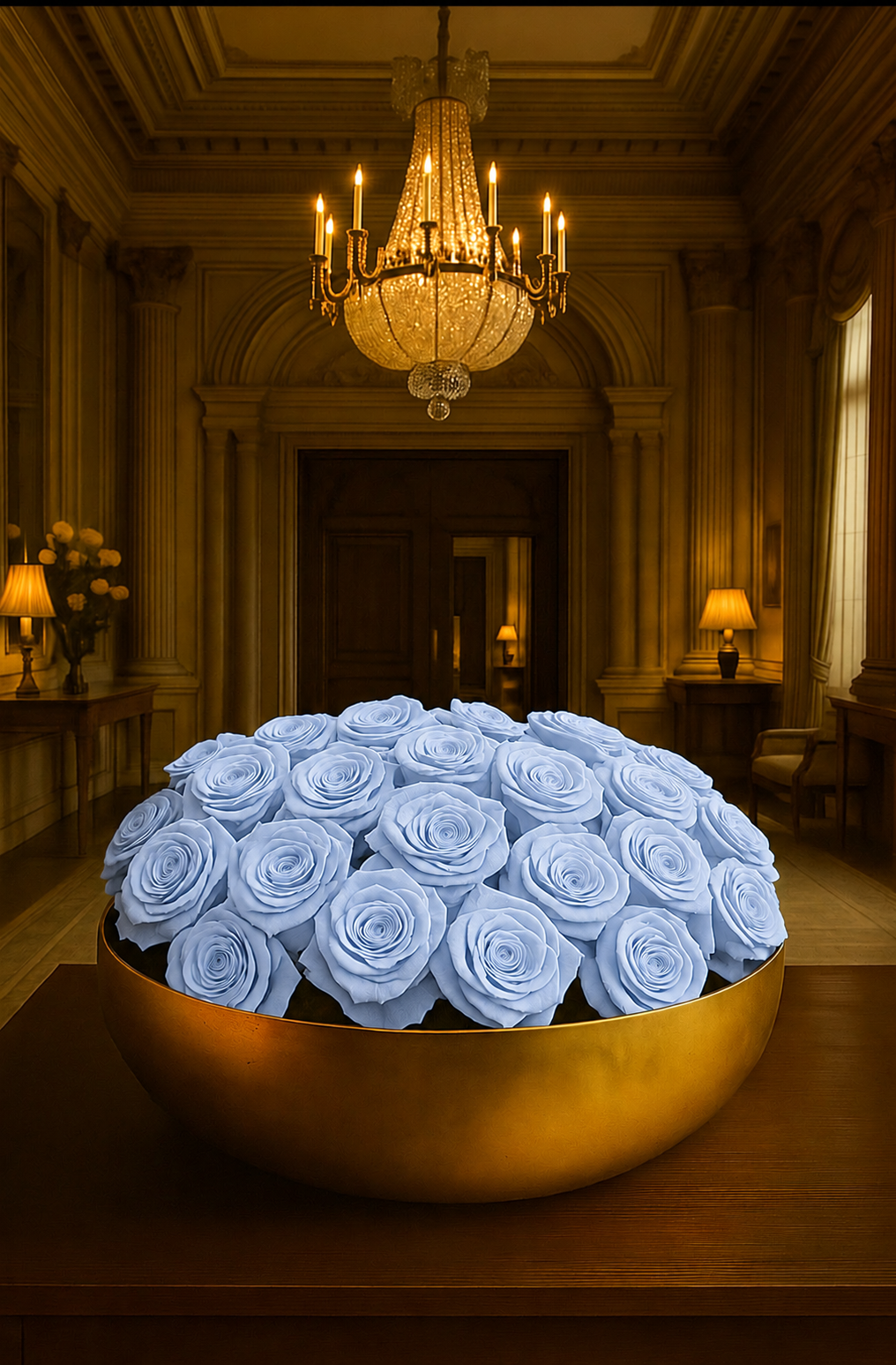 Preserved Natural Rose Arrangement In Decorative Gold Mayfair Bowl