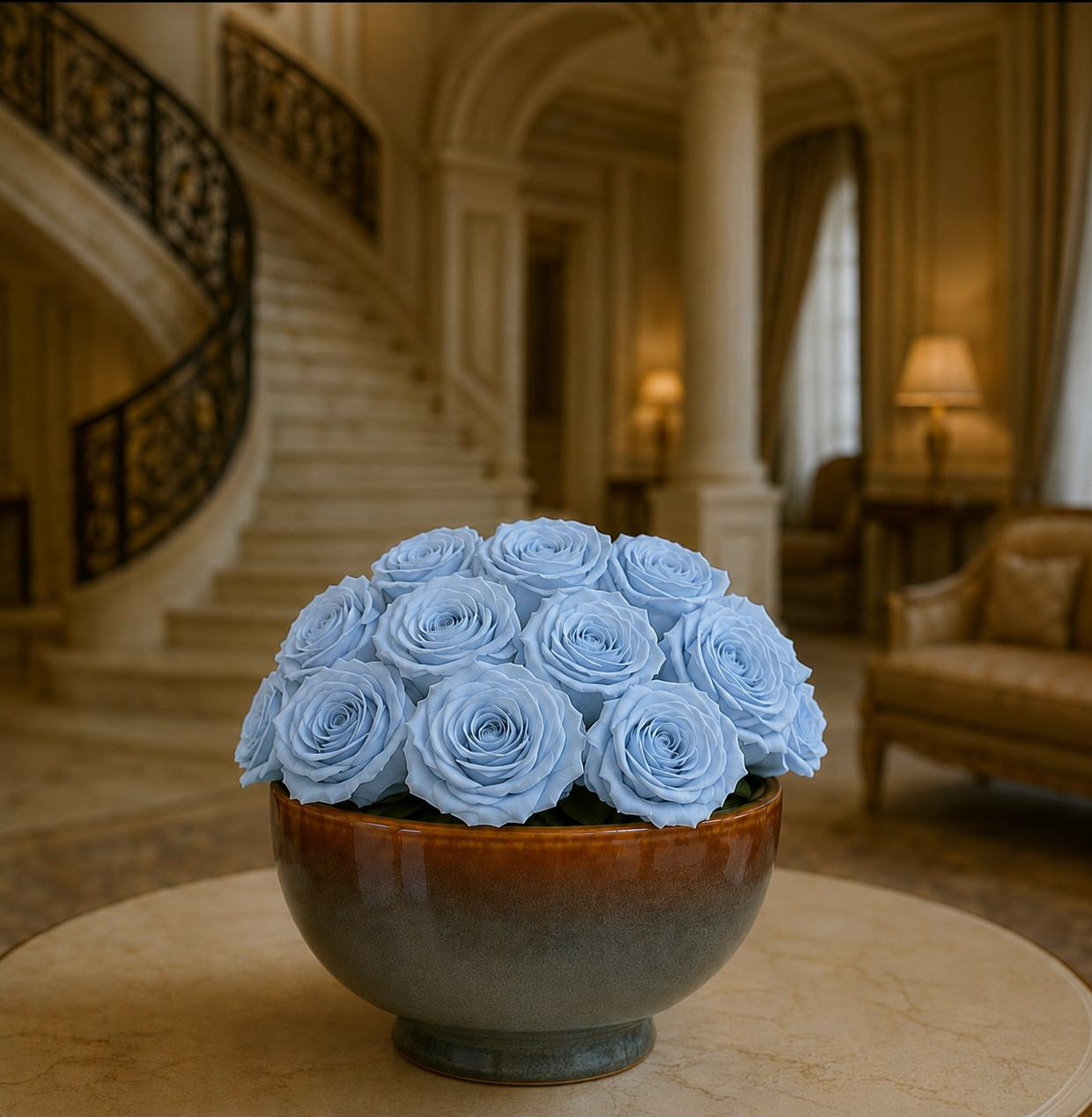 Preserved Natural Rose Arrangement In Ceramic Botany Bowl Brown/Blue/Green multicolour