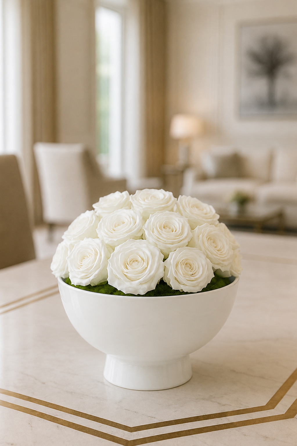 Preserved Natural Rose Arrangement In Ceramic Botany Bowl White