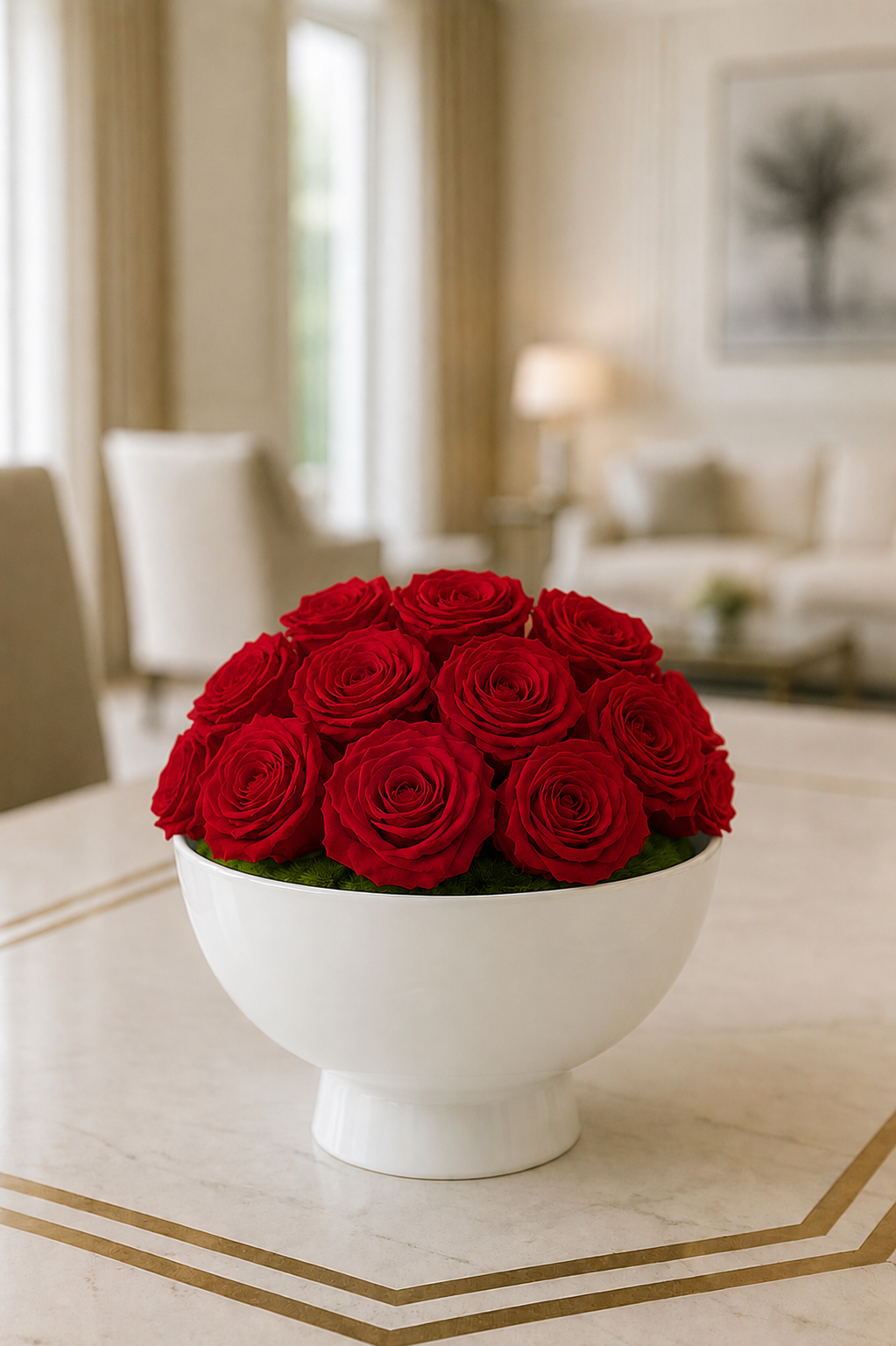 Preserved Natural Rose Arrangement In Ceramic Botany Bowl White