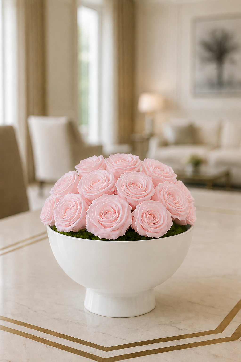 Preserved Natural Rose Arrangement In Ceramic Botany Bowl White