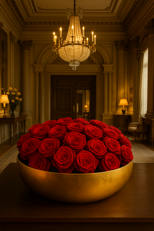 Preserved Natural Rose Arrangement In Decorative Gold Mayfair Bowl